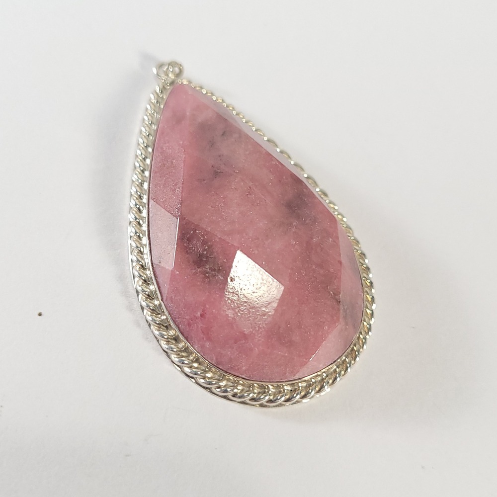 Sterling Silver Rhodonite Pendant Women Pink Faceted Teardrop Rope Bezel
